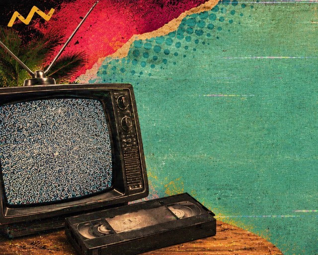 A colorful vintage-style poster or print featuring a turquoise ocean scene, an old television set on the left, a small blue house with palm trees on the right, and the text 'LA ESCUELOTA'.